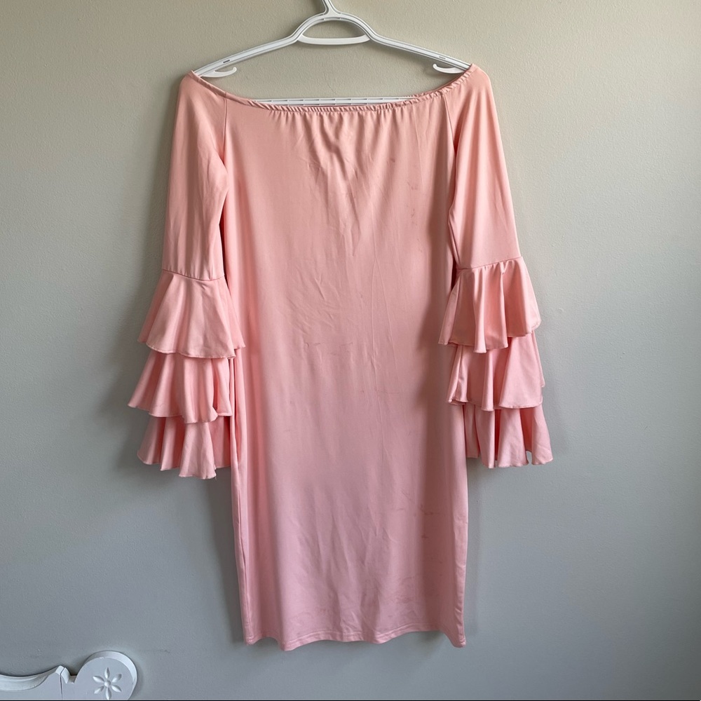 PINK OFF THE SHOULDER LONG SLEEVE DRESS PEASANT STYLE RUFFLES FITTED STRETCH - Picture 2 of 5